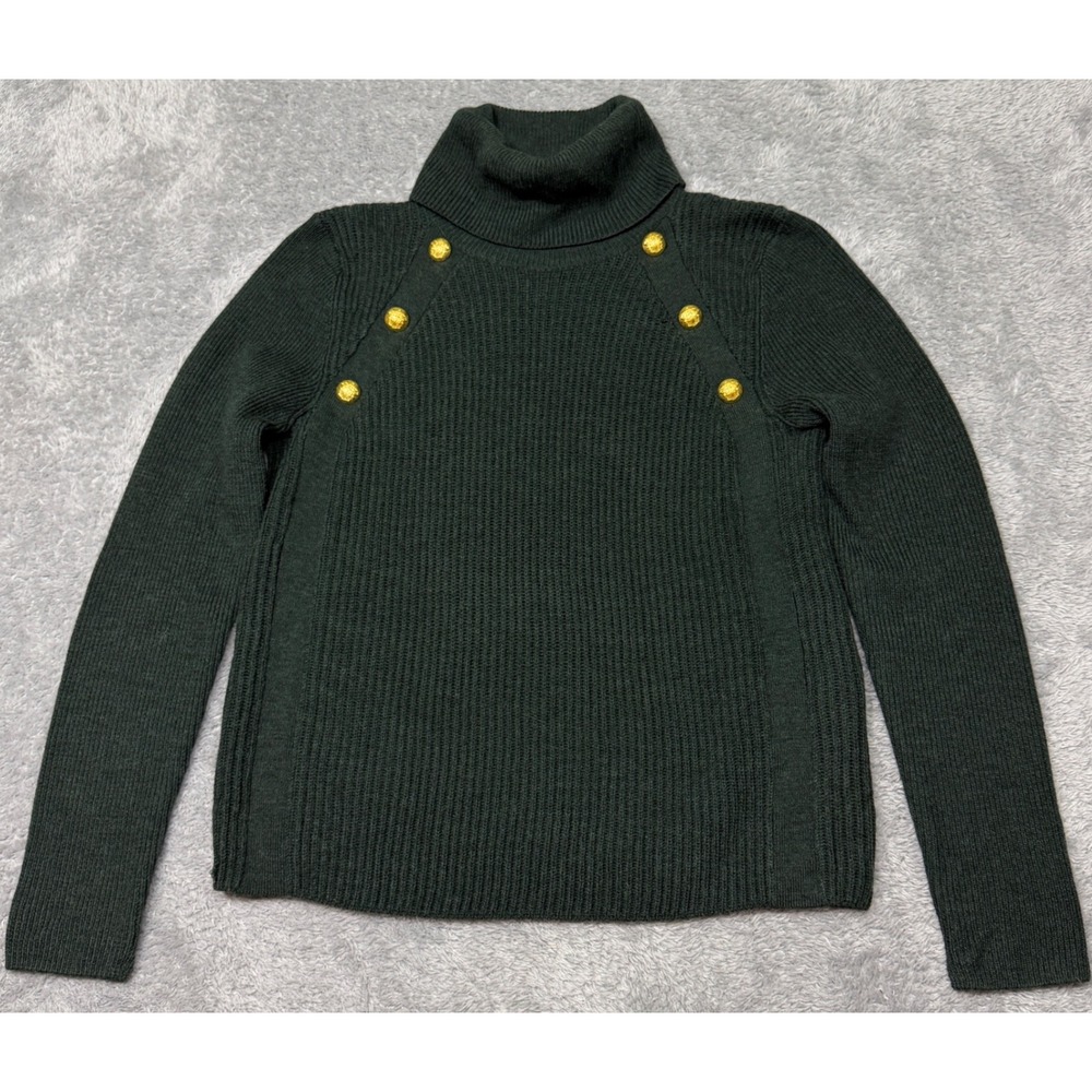 Veronica Beard Sweater Womens L Pearson Green Merino Wool Turtleneck Gold Button